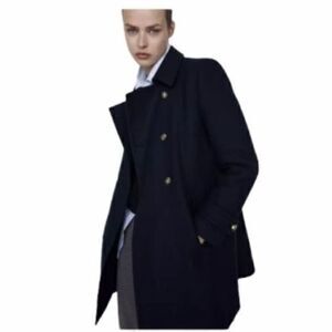 Zara Wool Blend Double Breasted Navy Blue Pea Coat Small